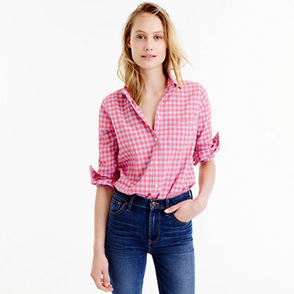 J. Crew Blue Orange Boyfriend Gingham Plaid Long Sleeve Button Down Shirt Size 6